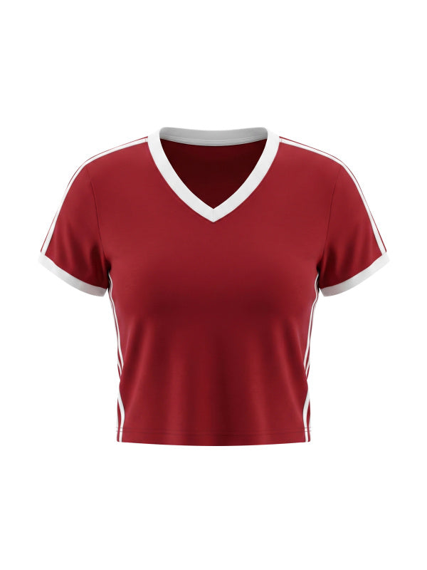 Women's Retro Binding V-Neck Crop T-Shirt