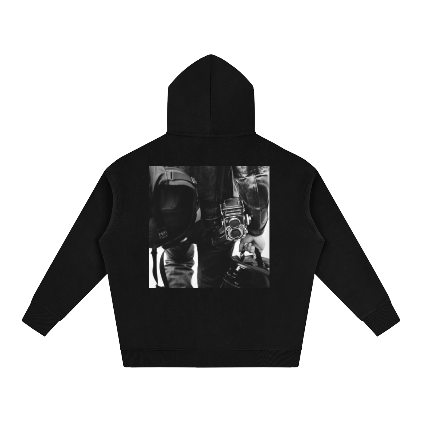 Oversize Fleeced Hoodie Black Vintage Camera Screenprint Back Print